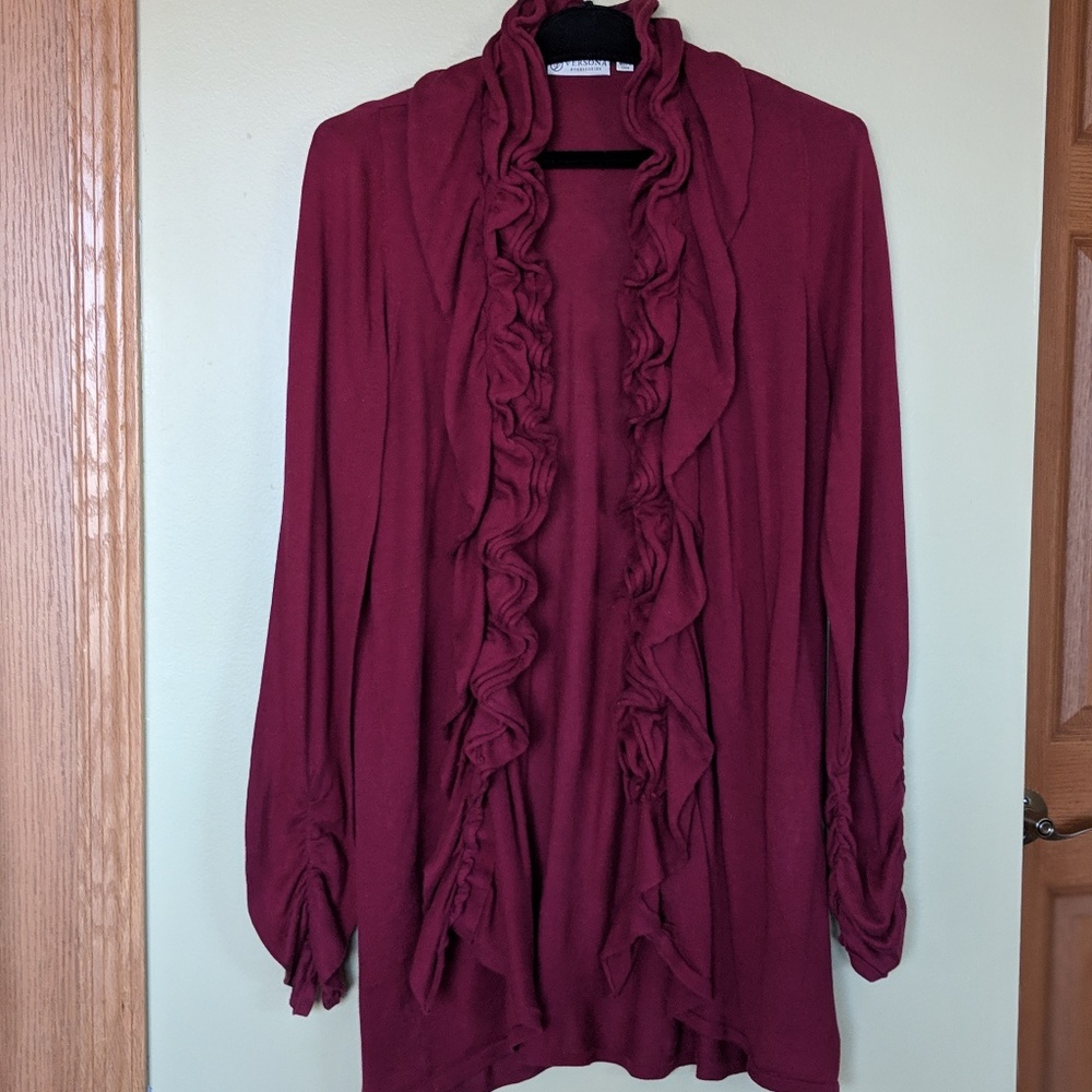 Ruffled Romantic Maroon Long Open Cardigan